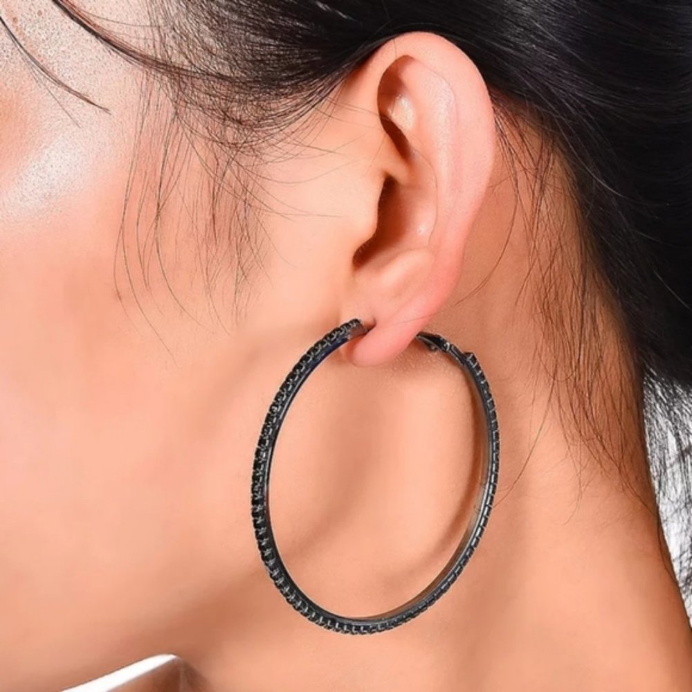 *Black Gold Black Sapphire 2.25'' Hoop Earrings